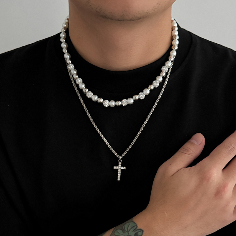 Cross Pendant Necklace Gold - Złoty wielowarstwowy naszyjnik męski z zawieszką