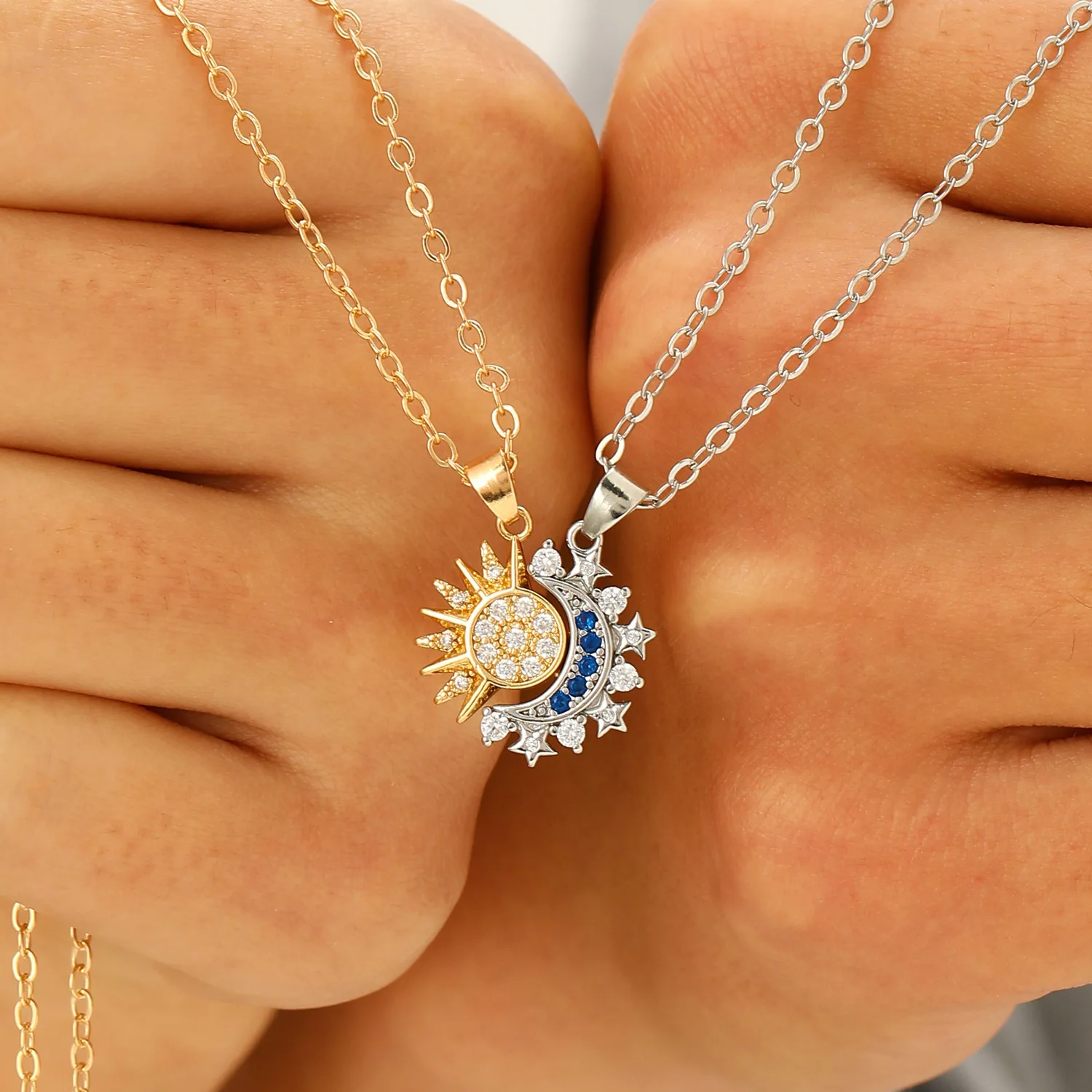 Magnetic Couple Matching Necklaces - Moda błyszczący Rhinestone słońce księżyc wisiorek